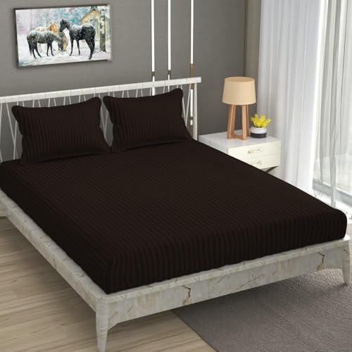 Blue Strip 220 TC Glace Cotton Satin Stripes Plain King Size Bedsheet for Double Bed with Two Pillow Covers for Home/Hotels/Guest House,Size-90x90 Inches(Flat) (Coffee) - Image 2