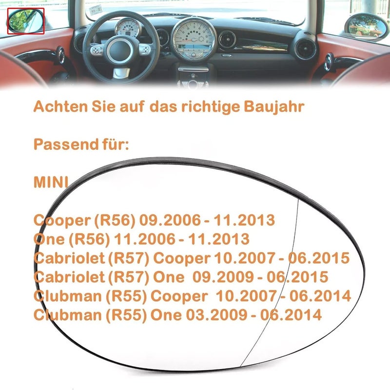 Yuiturt 51162755625, 51162755626, زجاج مرآة بديل لسيارة BMW Mini Cooper R56 R57 R55 R58 R59 R60 R61 (2007-2015)، زجاج مرآة جانبي غير كروي، زجاج مرآة جانبي قابل للتعديل للرؤية الخلفية (يسار) - Image 2