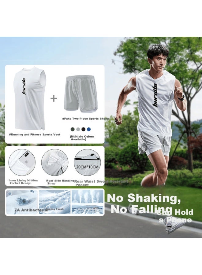 Buruite Men's Running Sports Set Ice Silk Vest T-shirt Quick-dry Loose Marathon Athletics Training Fitness Shorts - Image 1