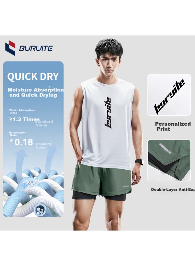 Buruite Men's Running Sports Set Ice Silk Vest T-shirt Quick-dry Loose Marathon Athletics Training Fitness Shorts - Image 2
