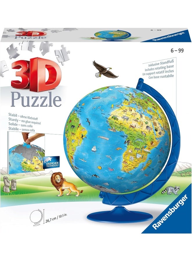 Ravensburger بازل الكرة الأرضية ثلاثي الأبعاد للأطفال من رافينسبيرجر - 180 قطعة بلاستيكية خريطة القارات والحيوانات، بدون غراء، مع قاعدة عرض، لعبة تعليمية جغرافية للأطفال من عمر 6 سنوات فما فوق | 12338‑4 - Image 1