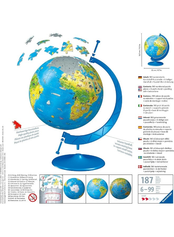 Ravensburger بازل الكرة الأرضية ثلاثي الأبعاد للأطفال من رافينسبيرجر - 180 قطعة بلاستيكية خريطة القارات والحيوانات، بدون غراء، مع قاعدة عرض، لعبة تعليمية جغرافية للأطفال من عمر 6 سنوات فما فوق | 12338‑4 - Image 3