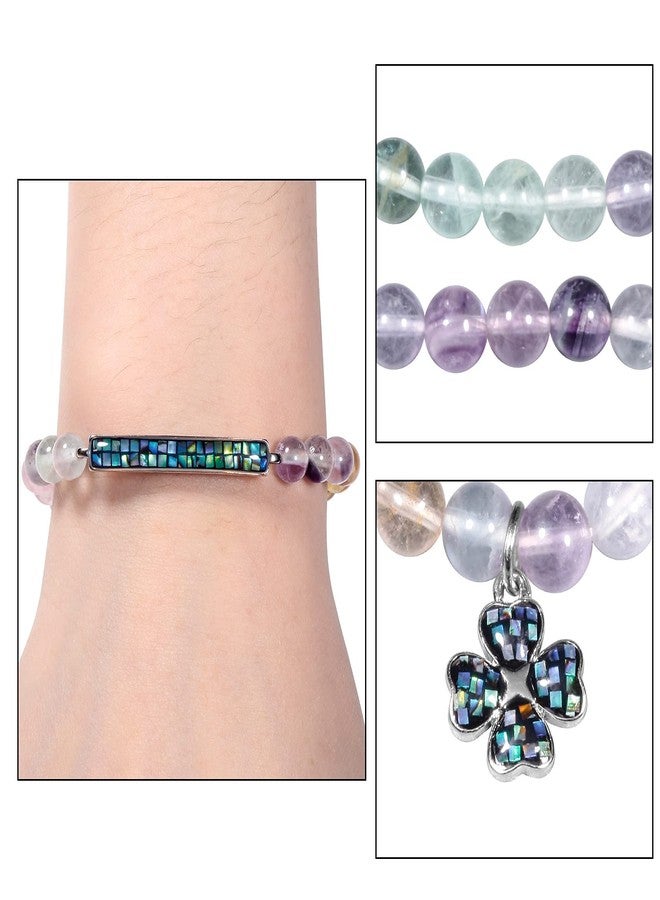 SUNYIK Natural 6mm Stone Beads Bracelet for Women Men, Abalone Shell Bar Curved with Four-Leaf Charm Bracelet for Unisex, Fluorite - Image 3