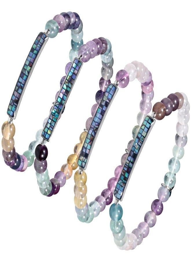 SUNYIK Natural 6mm Stone Beads Bracelet for Women Men, Abalone Shell Bar Curved with Four-Leaf Charm Bracelet for Unisex, Fluorite - Image 4