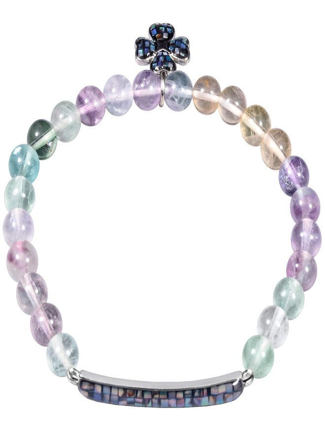 SUNYIK Natural 6mm Stone Beads Bracelet for Women Men, Abalone Shell Bar Curved with Four-Leaf Charm Bracelet for Unisex, Fluorite - Image 2