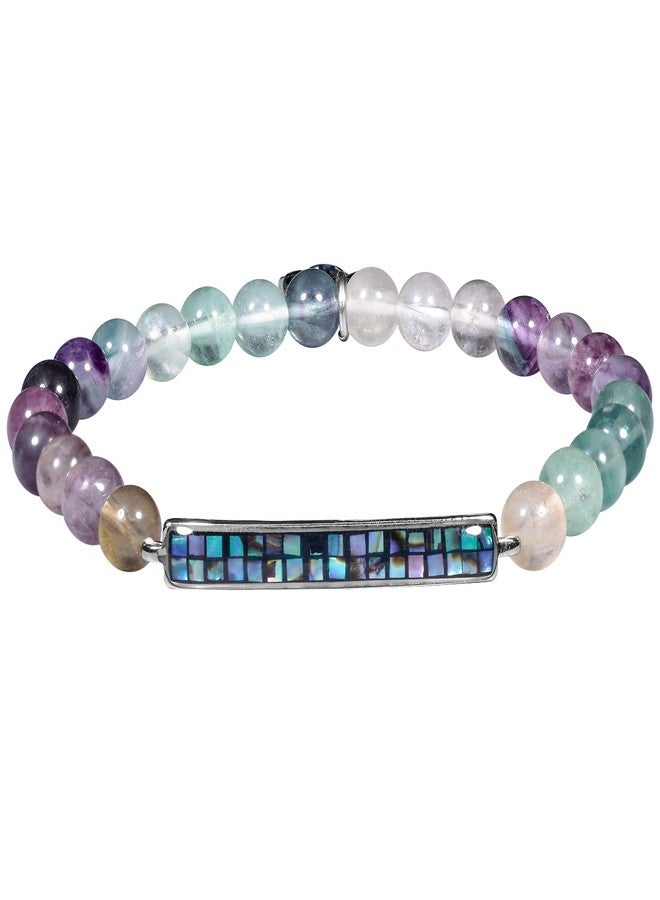 SUNYIK Natural 6mm Stone Beads Bracelet for Women Men, Abalone Shell Bar Curved with Four-Leaf Charm Bracelet for Unisex, Fluorite - Image 1