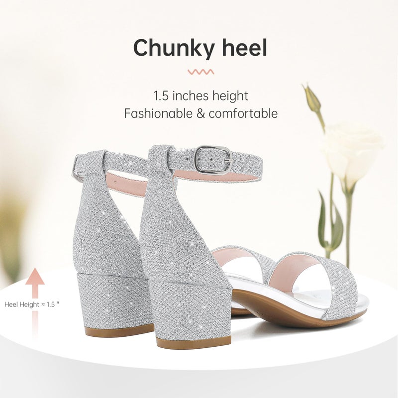LAURMOSA Girls Dress Shoes Kids High Heels for Girls Silver Dress Shoes Size 5 Open Toe Kids Sparkly Silver Sandals Little Girl Wedding Heels Sandals(L1008GlSilver 5) - Image 5