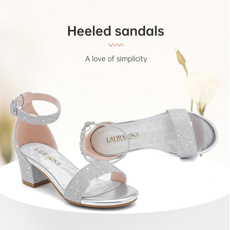 LAURMOSA Girls Dress Shoes Kids High Heels for Girls Silver Dress Shoes Size 5 Open Toe Kids Sparkly Silver Sandals Little Girl Wedding Heels Sandals(L1008GlSilver 5) - Image 4