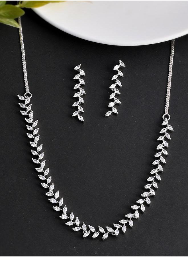 VOYLLA Marquise Cut CZ Adorned Brass Silver Plated Jewellery Set  - Image 1