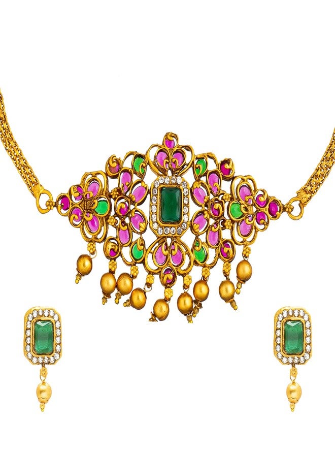 Bodha Traditional Indian Handcrafted Antique Gold Plated Traditional Kundan,CZ, Studded Choker Jewellery Necklace set With Matching Earring For Women (SJN_145_MT) - Image 1