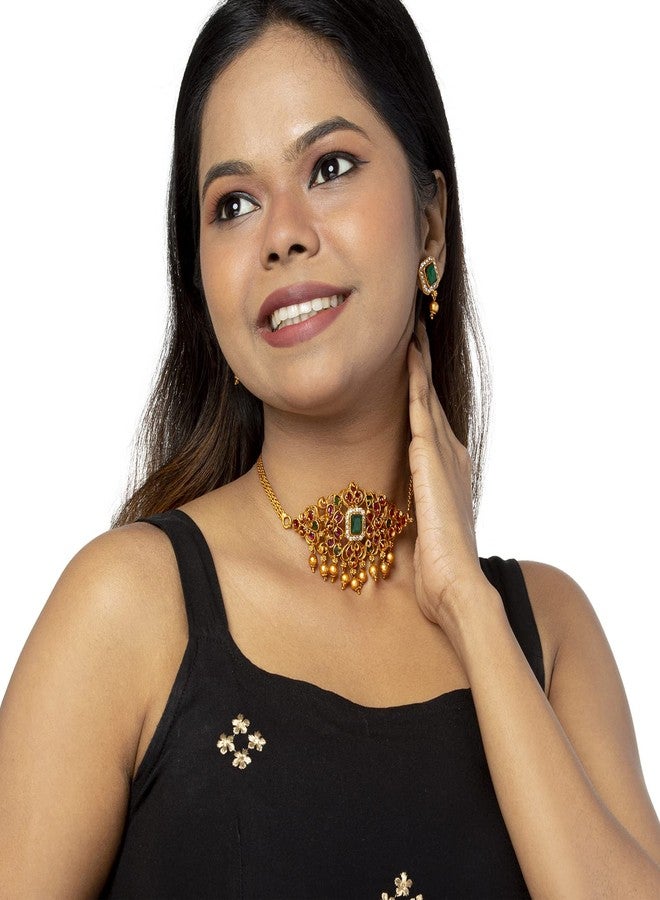 Bodha Traditional Indian Handcrafted Antique Gold Plated Traditional Kundan,CZ, Studded Choker Jewellery Necklace set With Matching Earring For Women (SJN_145_MT) - Image 2