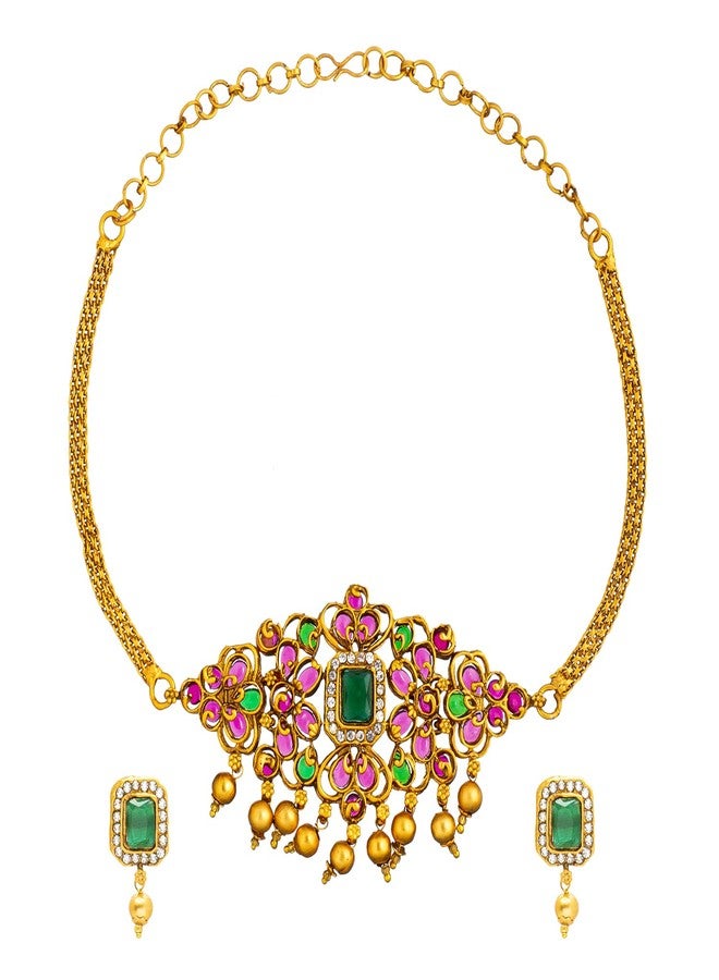 Bodha Traditional Indian Handcrafted Antique Gold Plated Traditional Kundan,CZ, Studded Choker Jewellery Necklace set With Matching Earring For Women (SJN_145_MT) - Image 3