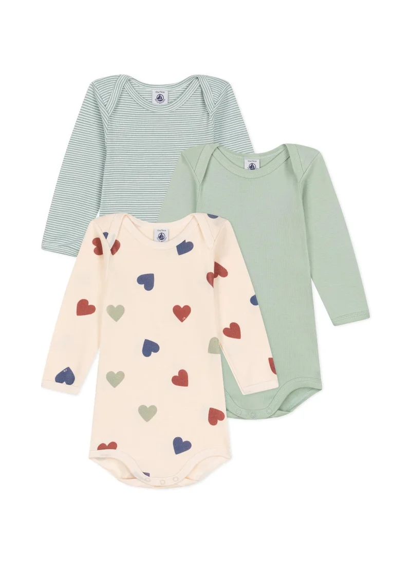 Petit Bateau Babies' long-sleeved triple heart print cotton bodysuits - 3-Pack