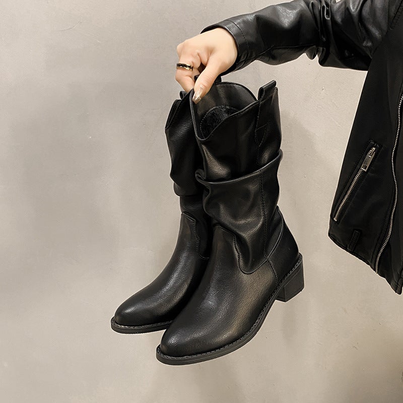 Mid-Section Boots Thick Heel Pointed Western Boots British Style Vintage Denim Boots Knight Boots - Image 1