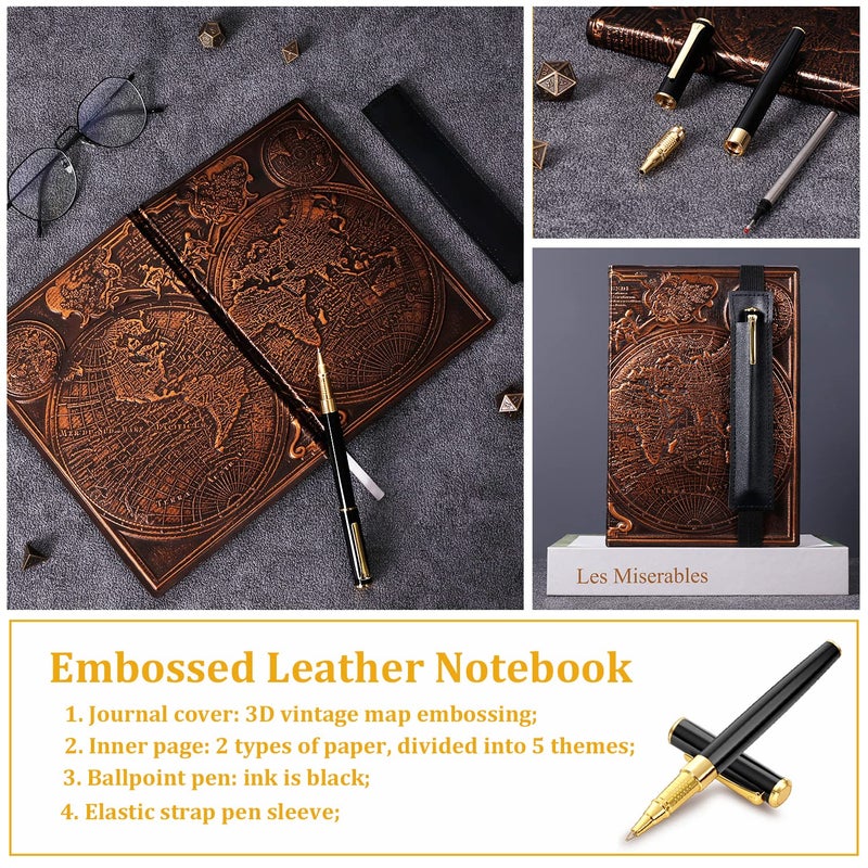 FEIDIAO Vintage Map Embossed Leather Notebook Travel Journal,A5 Writing Journal,Diary Notebook, Antique Handmade,Lined Hardcover,with Black Ballpoint Pen and Pen Sleeve,Writing Gift(Red Copper) - Image 4