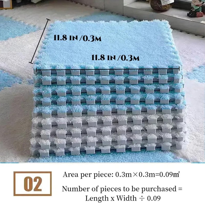 LOWEMN 12 Pcs Plush Foam Interlocking Carpet Tiles,Soft Shaggy Fluffy Floor Area Rugs with Padding,Colorful Floor Protective Mats for Home Kids Room Playroom (White and Green, 11.8 x 11.8 x 0.39) - Image 5