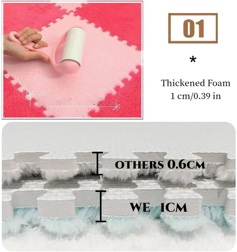 LOWEMN 12 Pcs Plush Foam Interlocking Carpet Tiles,Soft Shaggy Fluffy Floor Area Rugs with Padding,Colorful Floor Protective Mats for Home Kids Room Playroom (White and Green, 11.8 x 11.8 x 0.39) - Image 4
