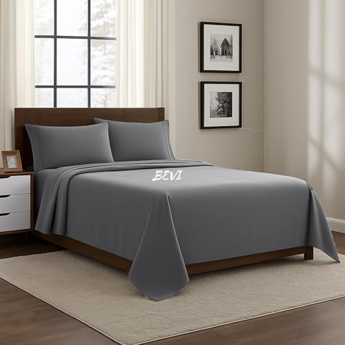 BEVI Bedsheet for King Bed 300 TC Flat Bedsheet with 2 Pillow Covers Size-(90"x95") Dark Grey - Image 2
