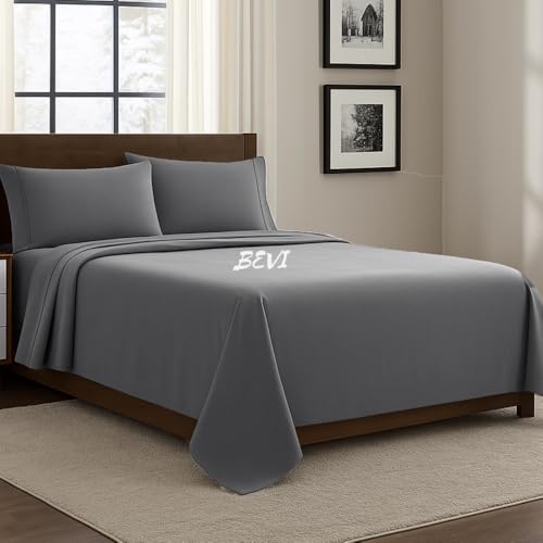 BEVI Bedsheet for King Bed 300 TC Flat Bedsheet with 2 Pillow Covers Size-(90"x95") Dark Grey - Image 3