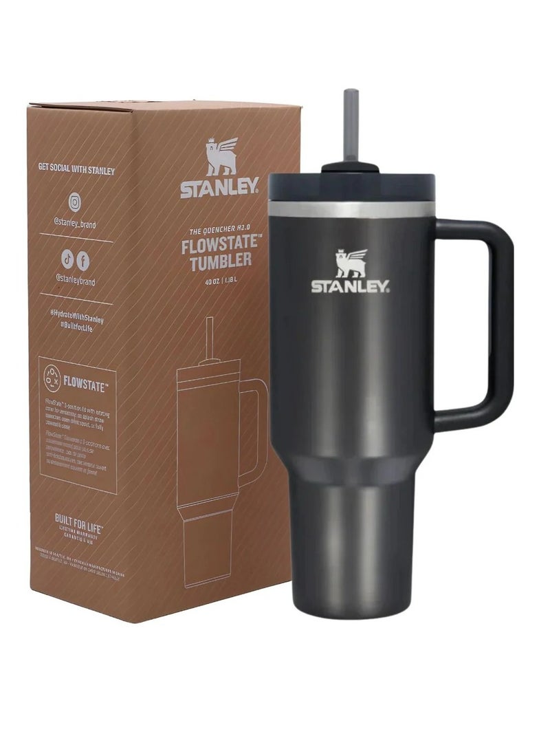 Quencher H2.0 FlowState Vacuum Insulated Tumbler 40oz Black Stainless Steel Travel Mug with Leakproof Lid & Straw | Double-Walled Design Keeps Drinks Hot for 7 Hours & Cold for 24 Hours | Durable, Portable & Ideal for Coffee, Water, Smoothies, Iced Tea