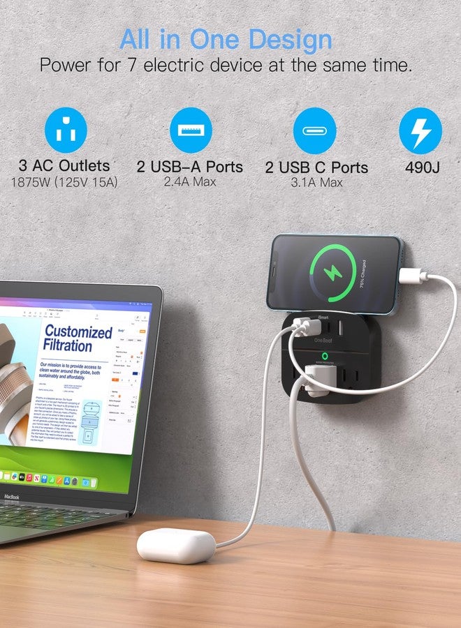 One Beat - Multi Outlet Splitter, 2 Pack, with USB, Surge Protector, Outlet Extender with 3 Wall Outlets, 4 Pack US - Image 2