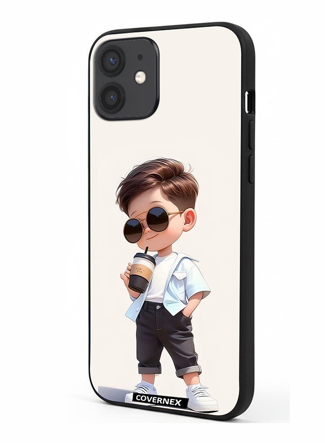 Covernex Apple iPhone 12 Protective Case Cover Printed Featuring Cool Kid with Sunglasses and Coffee - Image 1