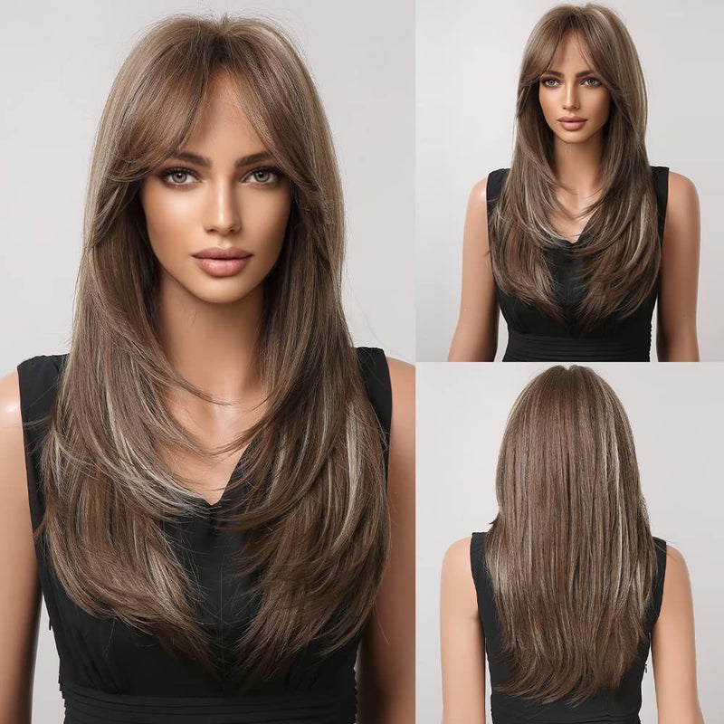 باروكات HAIRCUBE بني داكن للنساء باروكات بنية طويلة مع خصلات بارزة مع غرة باروكات ألياف صناعية مقاومة للحرارة