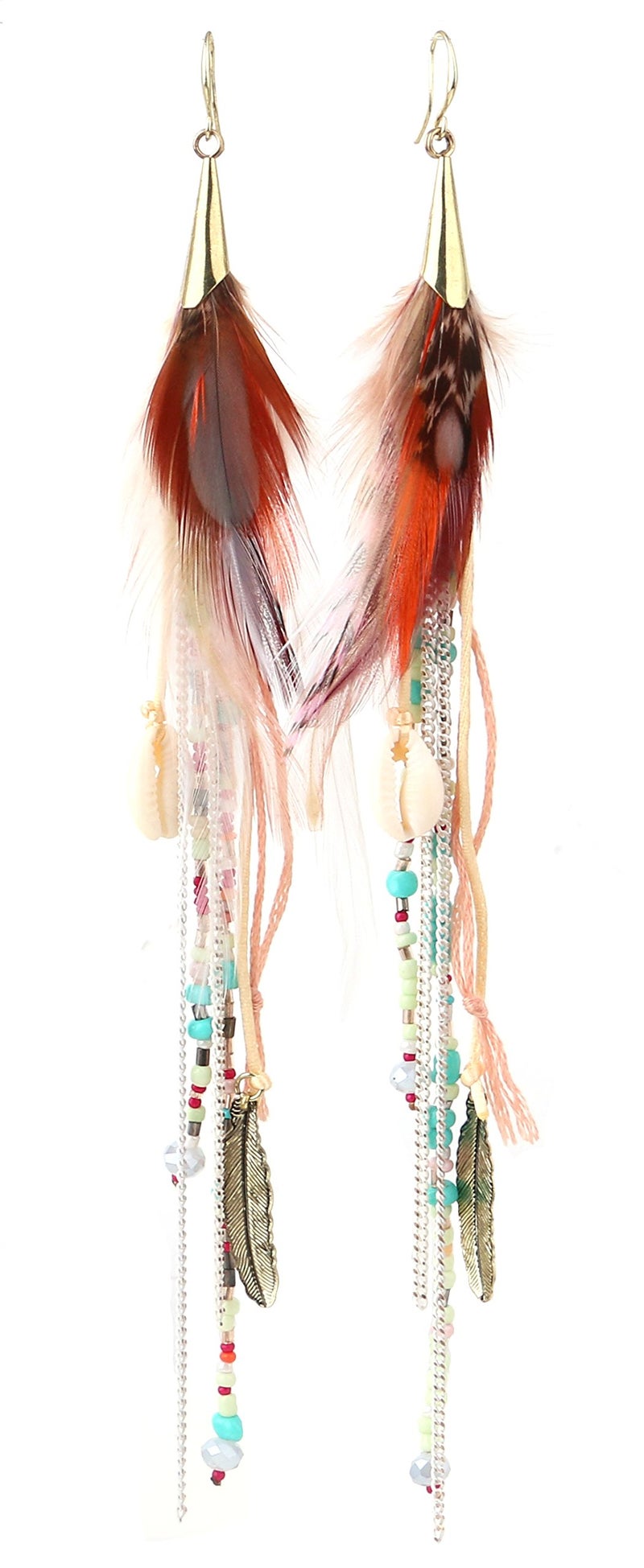 Badu Boho Colorful Feather Feather Dangle Earrings for Women Bohemian Shell Beads Long Tassel Design Drop Earrings - Image 1