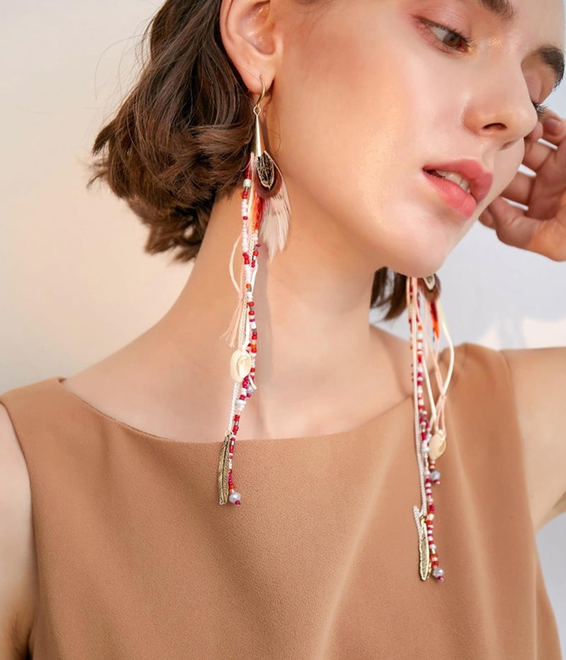 Badu Boho Colorful Feather Feather Dangle Earrings for Women Bohemian Shell Beads Long Tassel Design Drop Earrings - Image 3