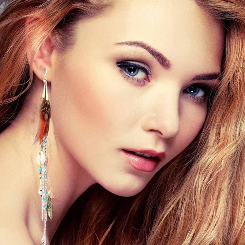 Badu Boho Colorful Feather Feather Dangle Earrings for Women Bohemian Shell Beads Long Tassel Design Drop Earrings - Image 2