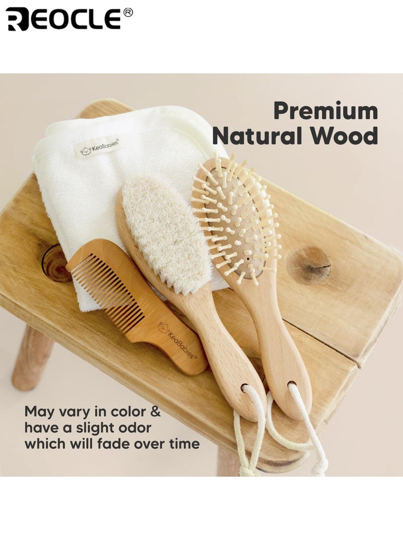 ريوكل مجموعة العناية بشعر الطفل المكونة من 3 قطع مع فرشاة ناعمة من شعيرات الماعز ومجموعة مشط خشبي ومجموعة العناية بالطفل حديث الولادة مع غطاء المهد للعناية بالطفل الصغير - Image 5