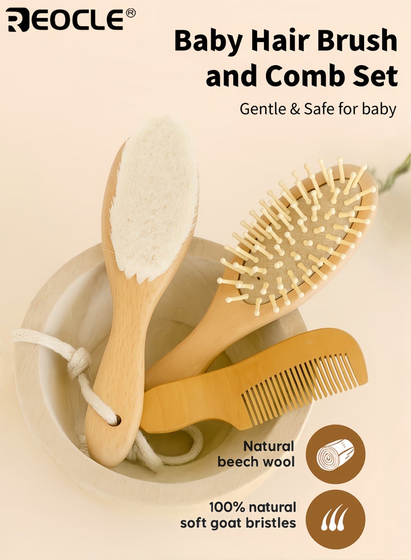 ريوكل مجموعة العناية بشعر الطفل المكونة من 3 قطع مع فرشاة ناعمة من شعيرات الماعز ومجموعة مشط خشبي ومجموعة العناية بالطفل حديث الولادة مع غطاء المهد للعناية بالطفل الصغير - Image 1