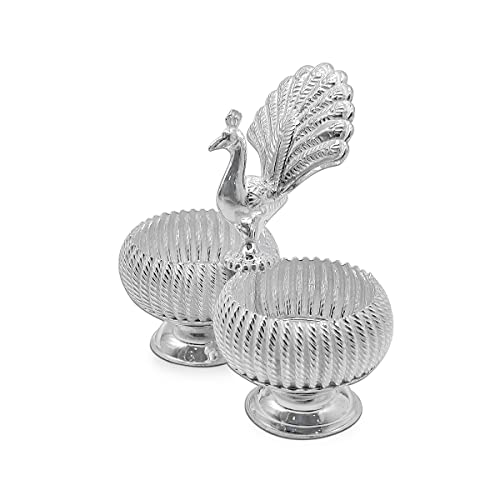MAA SILVER Pure Silver Haldi Kumkum Holder Dabbi BIS Hallmarked with Peacock & Round Lines Design Perfect for Gifting Home Office Puja Use (925 Purity)(55 Grams Silver) - Image 3
