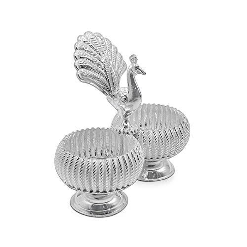 MAA SILVER Pure Silver Haldi Kumkum Holder Dabbi BIS Hallmarked with Peacock & Round Lines Design Perfect for Gifting Home Office Puja Use (925 Purity)(55 Grams Silver) - Image 1