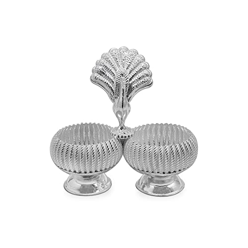 MAA SILVER Pure Silver Haldi Kumkum Holder Dabbi BIS Hallmarked with Peacock & Round Lines Design Perfect for Gifting Home Office Puja Use (925 Purity)(55 Grams Silver) - Image 2
