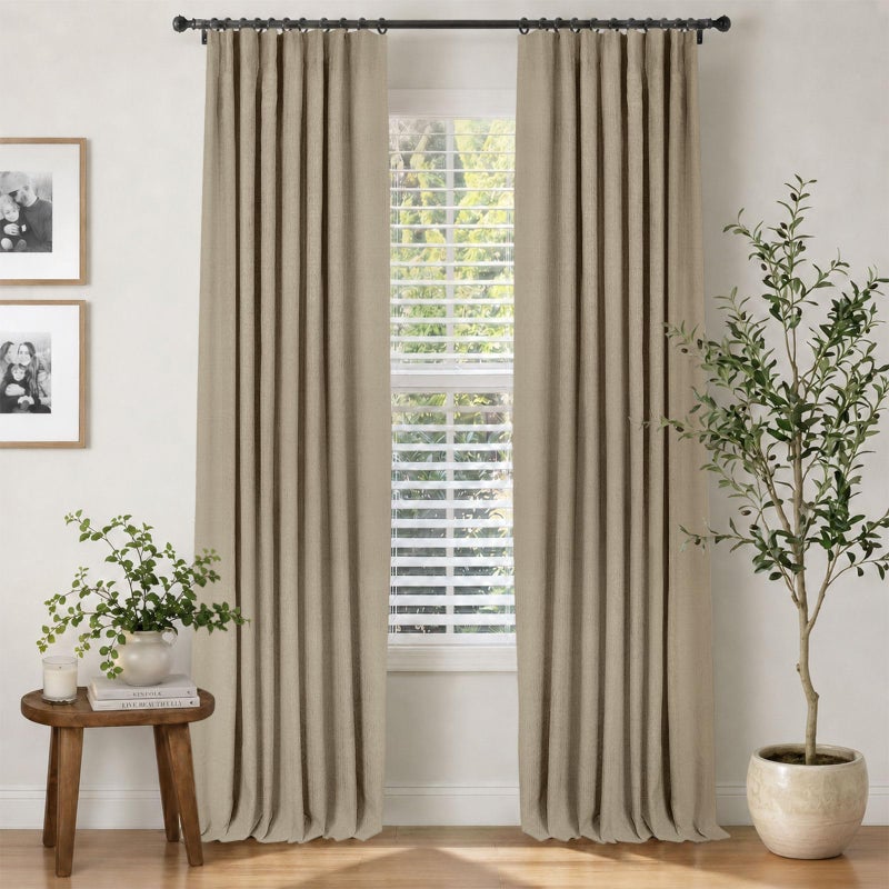 INOVADAY 100% Blackout Curtains for Bedroom, Earthy Beige Black Out Curtains 84 Inch Long, Clip Rings Linen Blackout Drapes, Thermal Insulated Room Darkening for Living Room, 2 Panels - W50xL84 - Image 1