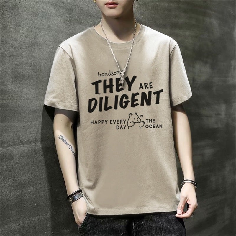 2024 Summer New Short-sleeved T-shirt Men's Loose Top Student's Simple Milk Silk Printed T-shirt Men's Round Neck