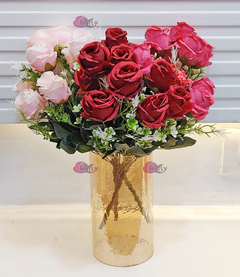 ARTSY® Artificial Flower for Vase Home Decoration, Assorted Rose Bunch, Without Vase, Combo, Pack of 3, Orange, Blue, Pink - Image 1