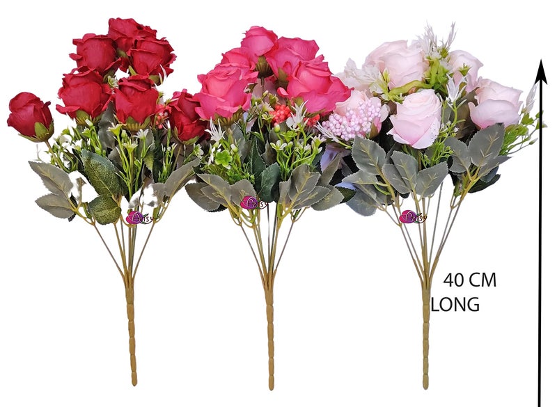 ARTSY® Artificial Flower for Vase Home Decoration, Assorted Rose Bunch, Without Vase, Combo, Pack of 3, Orange, Blue, Pink - Image 3