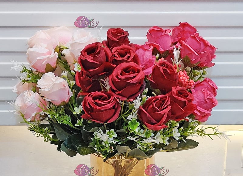 ARTSY® Artificial Flower for Vase Home Decoration, Assorted Rose Bunch, Without Vase, Combo, Pack of 3, Orange, Blue, Pink - Image 2