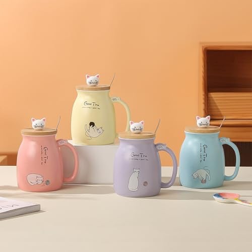 Spooky Creative Starry Sky Ceramic Mug – Cute 3D Cat Design with Lid & Spoon, Perfect for Office, Breakfast, & Gifts – Available in Yellow – 420ml - Image 5