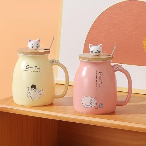 Spooky Creative Starry Sky Ceramic Mug – Cute 3D Cat Design with Lid & Spoon, Perfect for Office, Breakfast, & Gifts – Available in Yellow – 420ml - Image 2