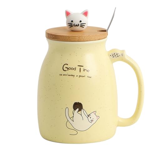 Spooky Creative Starry Sky Ceramic Mug – Cute 3D Cat Design with Lid & Spoon, Perfect for Office, Breakfast, & Gifts – Available in Yellow – 420ml - Image 1