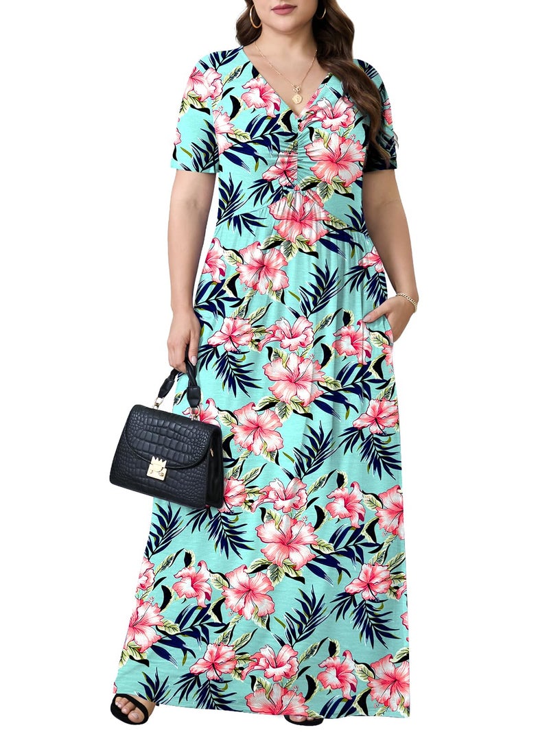 PEVRL Plus Size Maxi Dresses for Women Summer Casual Short Sleeve Long Dress with Pockets Hibiscus Rosa Sinensis 3X - Image 2
