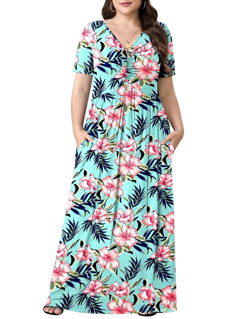 PEVRL Plus Size Maxi Dresses for Women Summer Casual Short Sleeve Long Dress with Pockets Hibiscus Rosa Sinensis 3X - Image 1