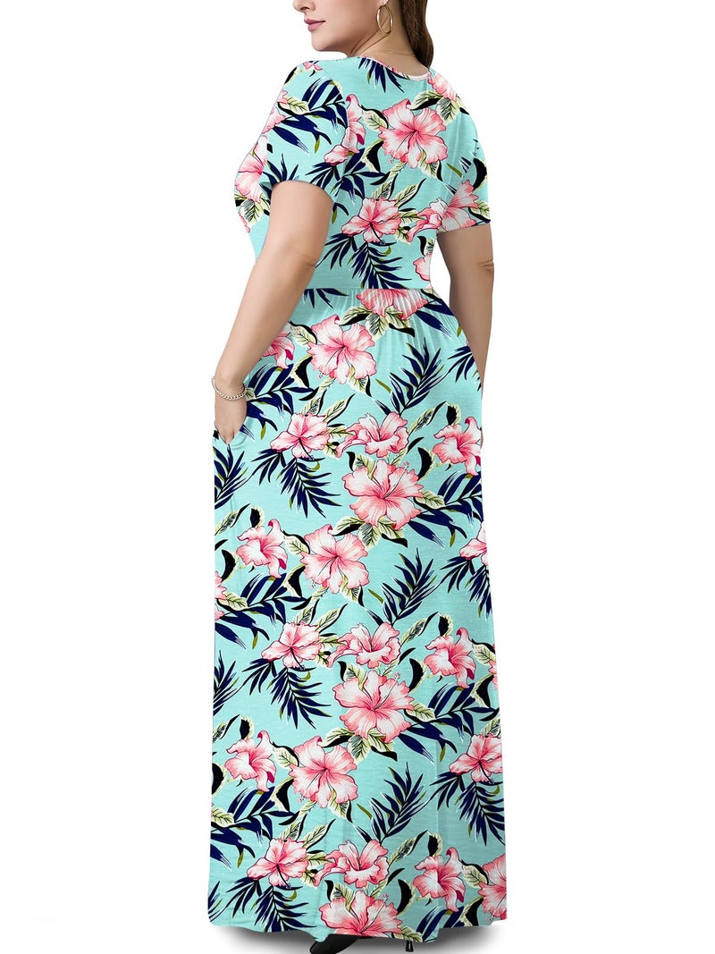 PEVRL Plus Size Maxi Dresses for Women Summer Casual Short Sleeve Long Dress with Pockets Hibiscus Rosa Sinensis 3X - Image 3