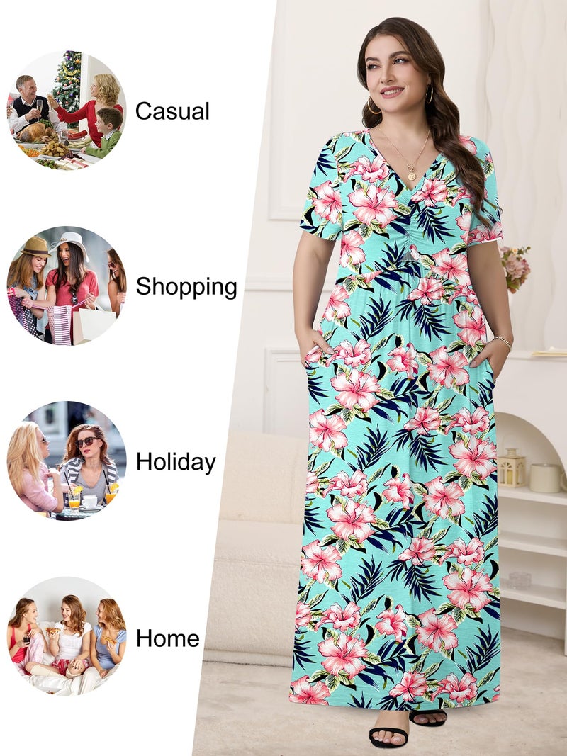 PEVRL Plus Size Maxi Dresses for Women Summer Casual Short Sleeve Long Dress with Pockets Hibiscus Rosa Sinensis 3X - Image 4