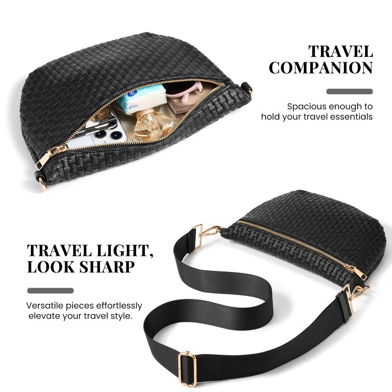 kuifang Woven Crossbody Bags For Women, Checkered Fashion PU Bum Bag Waist Pack, Travel Sling Purse with Adjustable Strapï¼ˆDark Balck) - Image 4