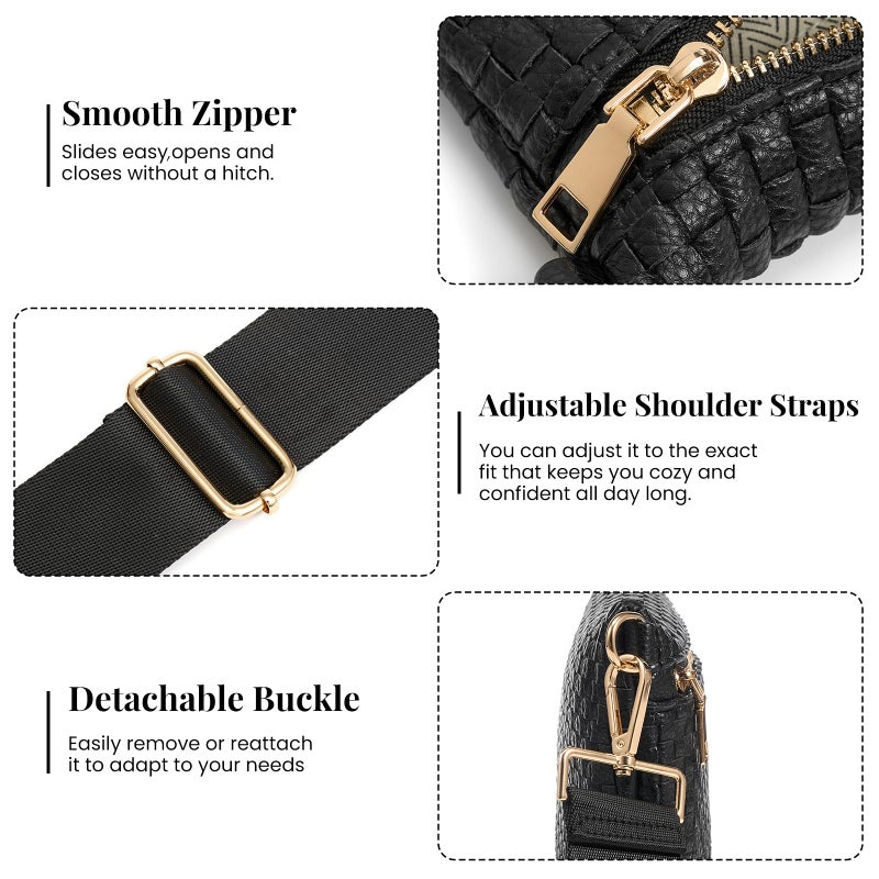 kuifang Woven Crossbody Bags For Women, Checkered Fashion PU Bum Bag Waist Pack, Travel Sling Purse with Adjustable Strapï¼ˆDark Balck) - Image 5