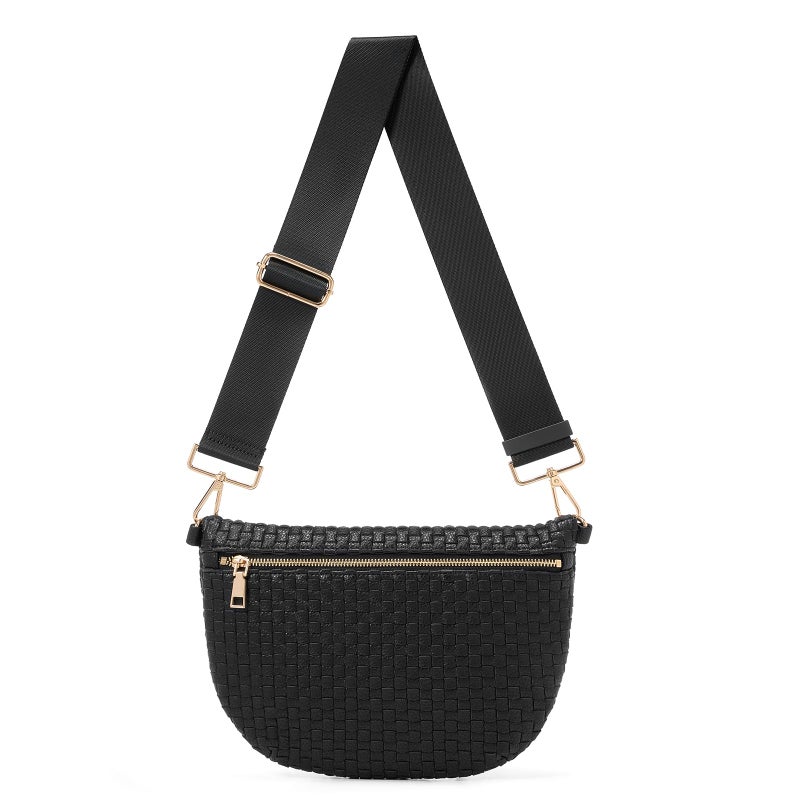 kuifang Woven Crossbody Bags For Women, Checkered Fashion PU Bum Bag Waist Pack, Travel Sling Purse with Adjustable Strapï¼ˆDark Balck) - Image 1